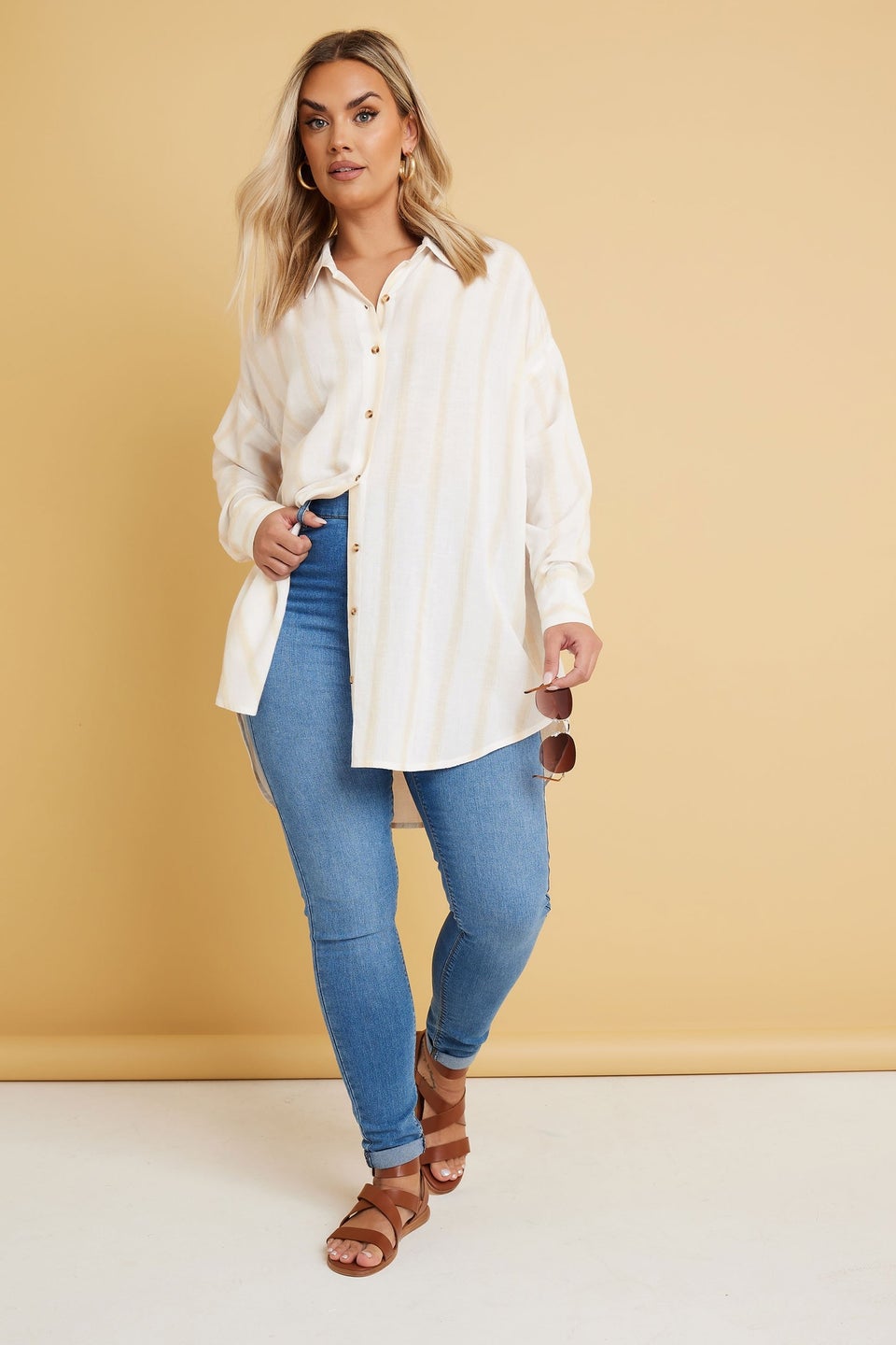 Yours Plus Size Natural Brown Stripe Linen Shirt  Yours Curve