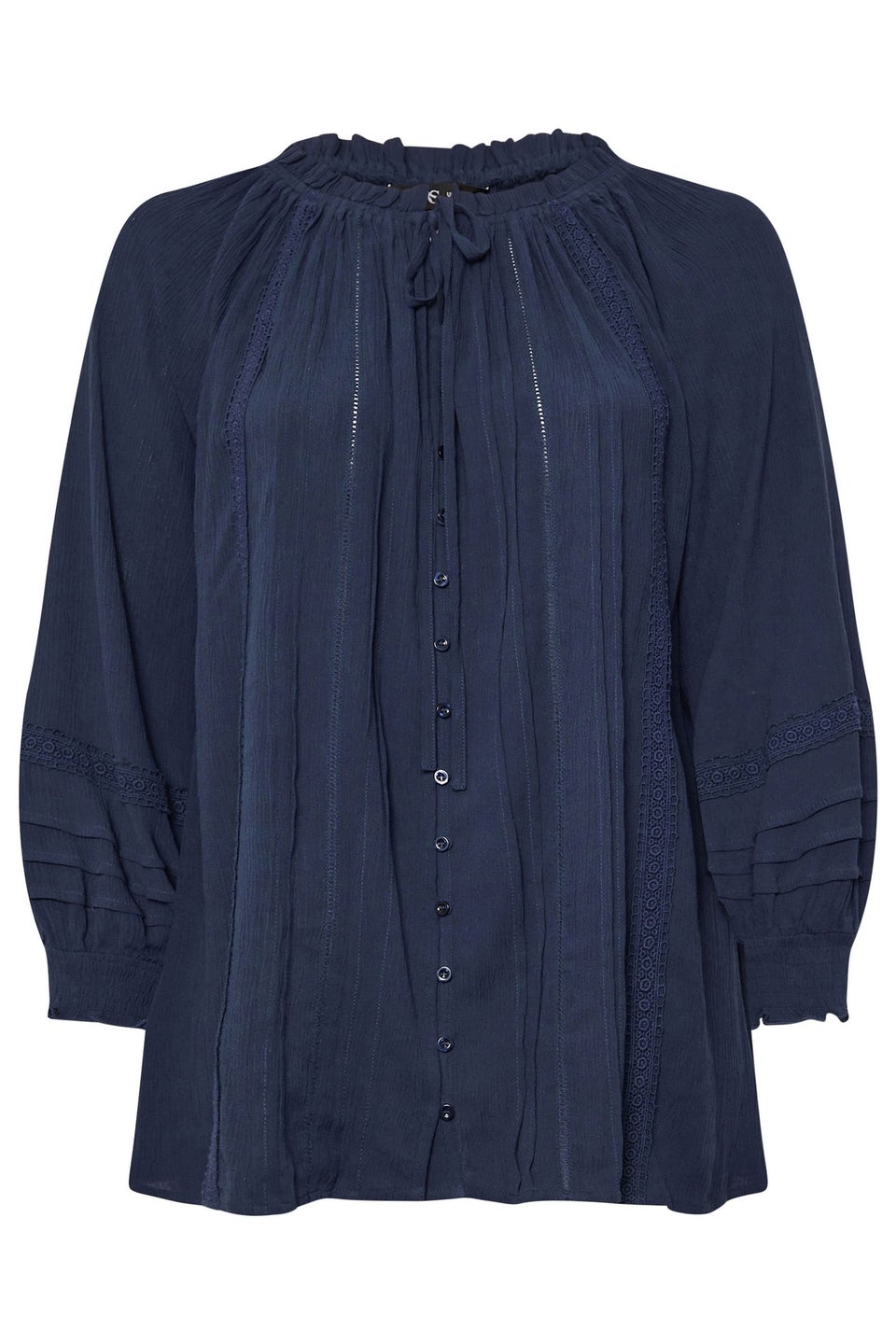 Yours Curve Navy Blue Tie Neck Pintuck Top