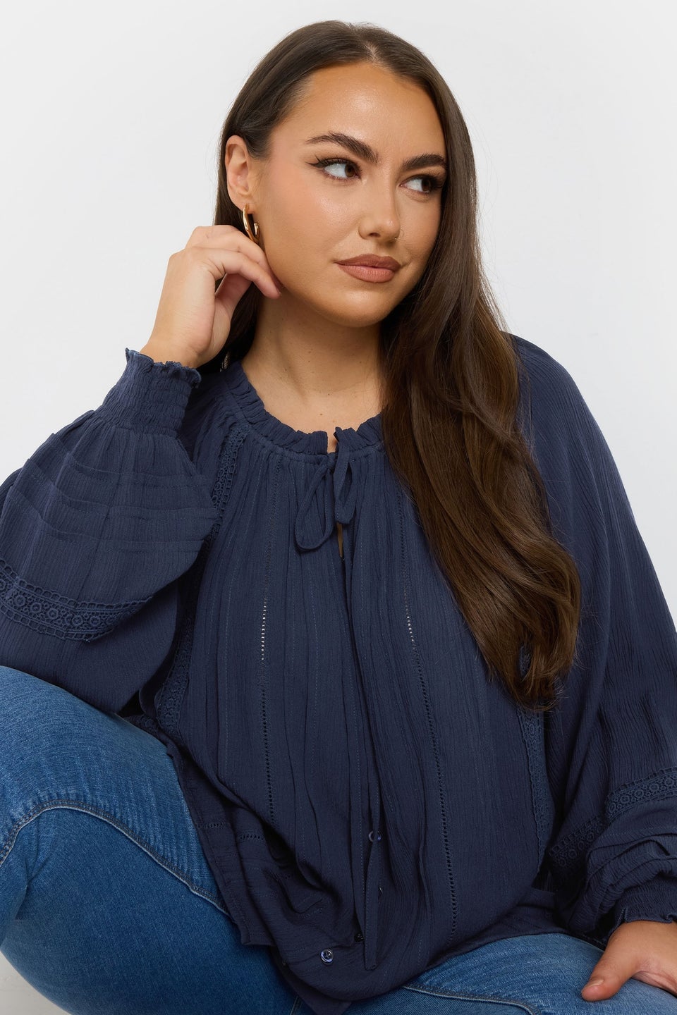 Yours Curve Navy Blue Tie Neck Pintuck Top