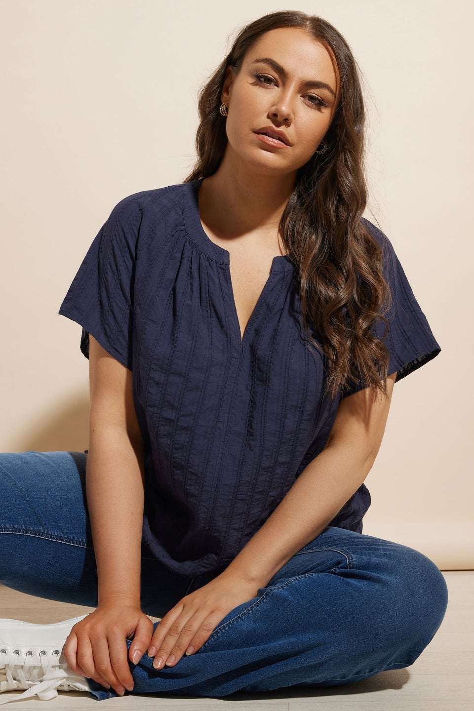 Yours Curve Navy Blue Short Sleeve Cotton Blouse