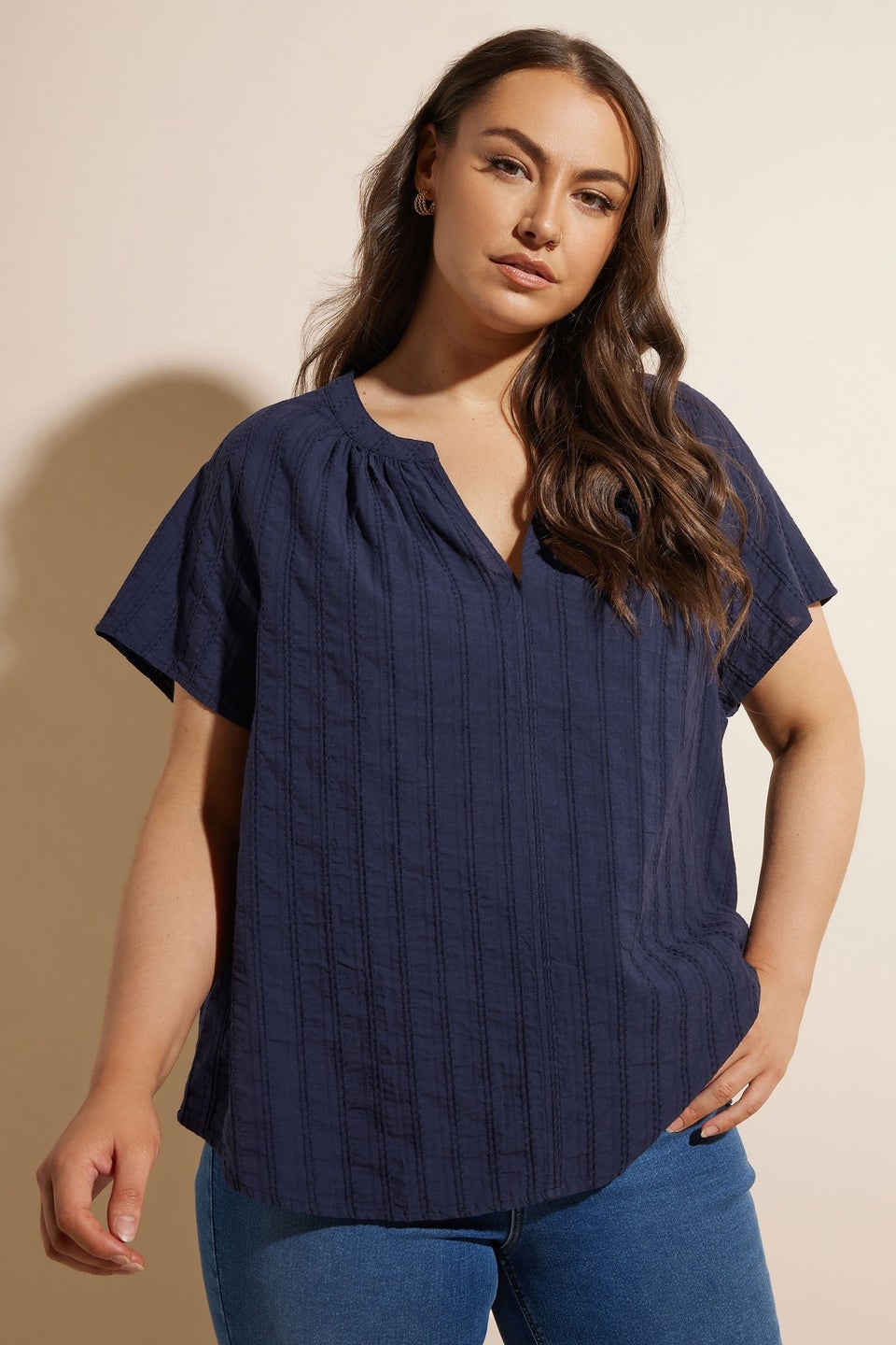Yours Curve Navy Blue Short Sleeve Cotton Blouse