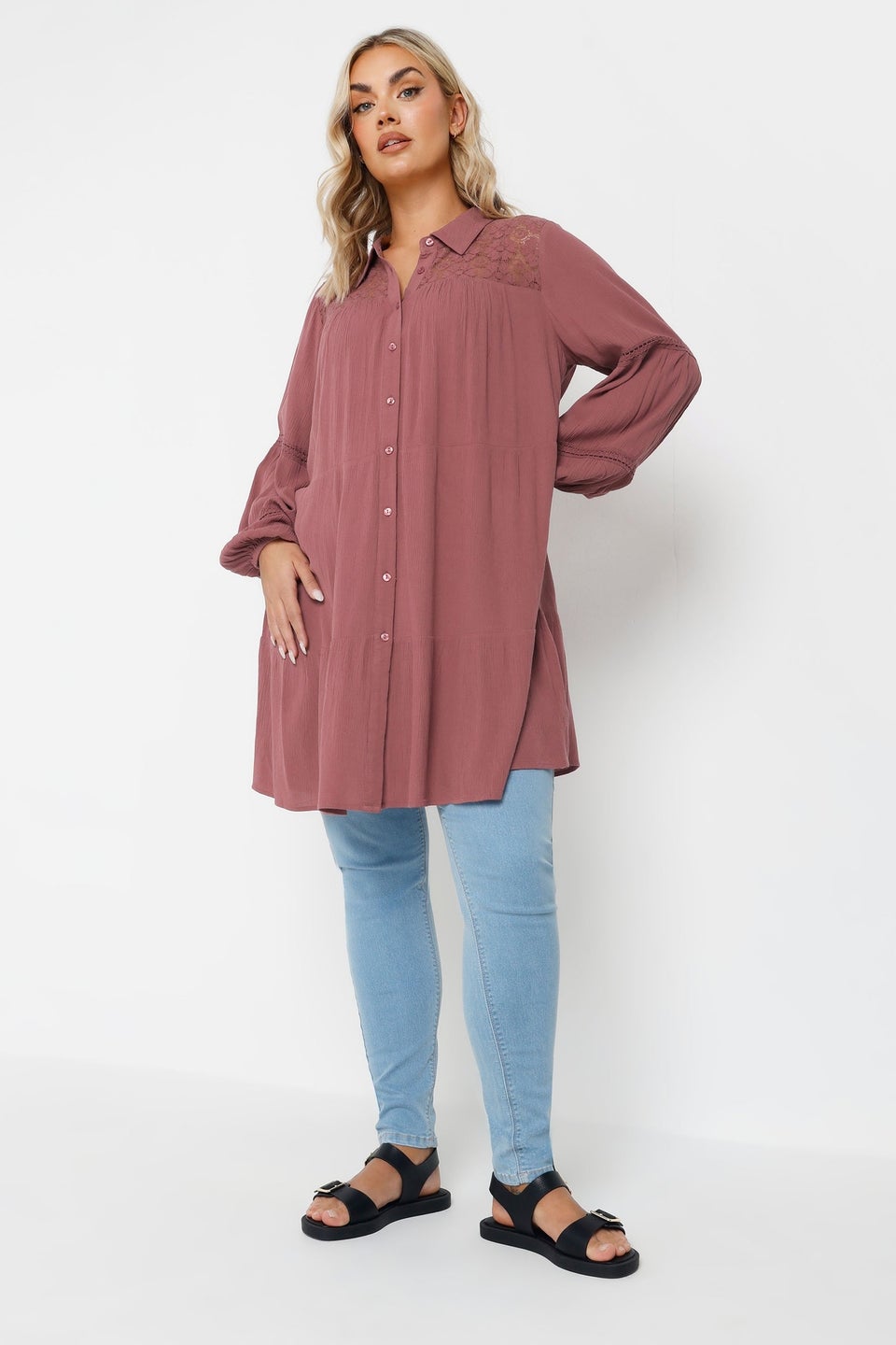 Yours Curve Dusky Pink Tiered Crochet Detail Shirt