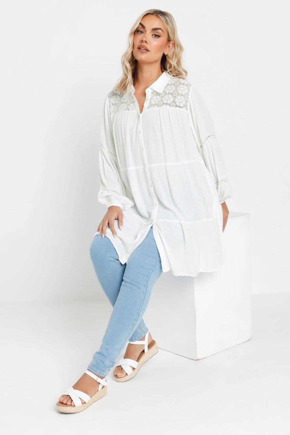 Yours Curve White Tiered Crochet Detail Shirt