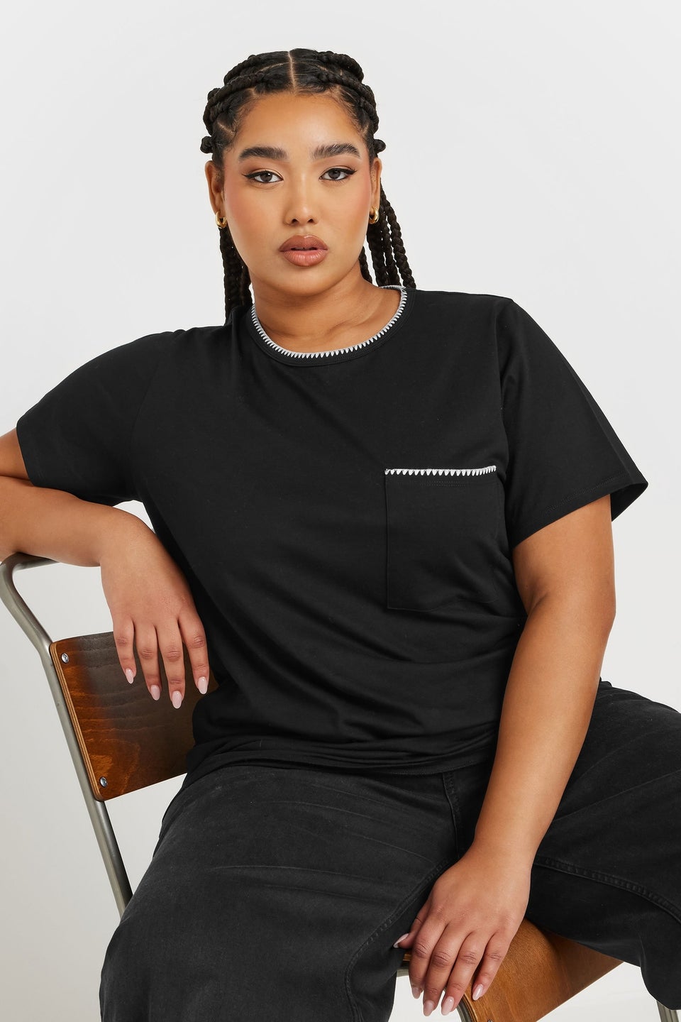 Yours Curve Black Contrast Stitch Pocket Heavyweight T Shirt
