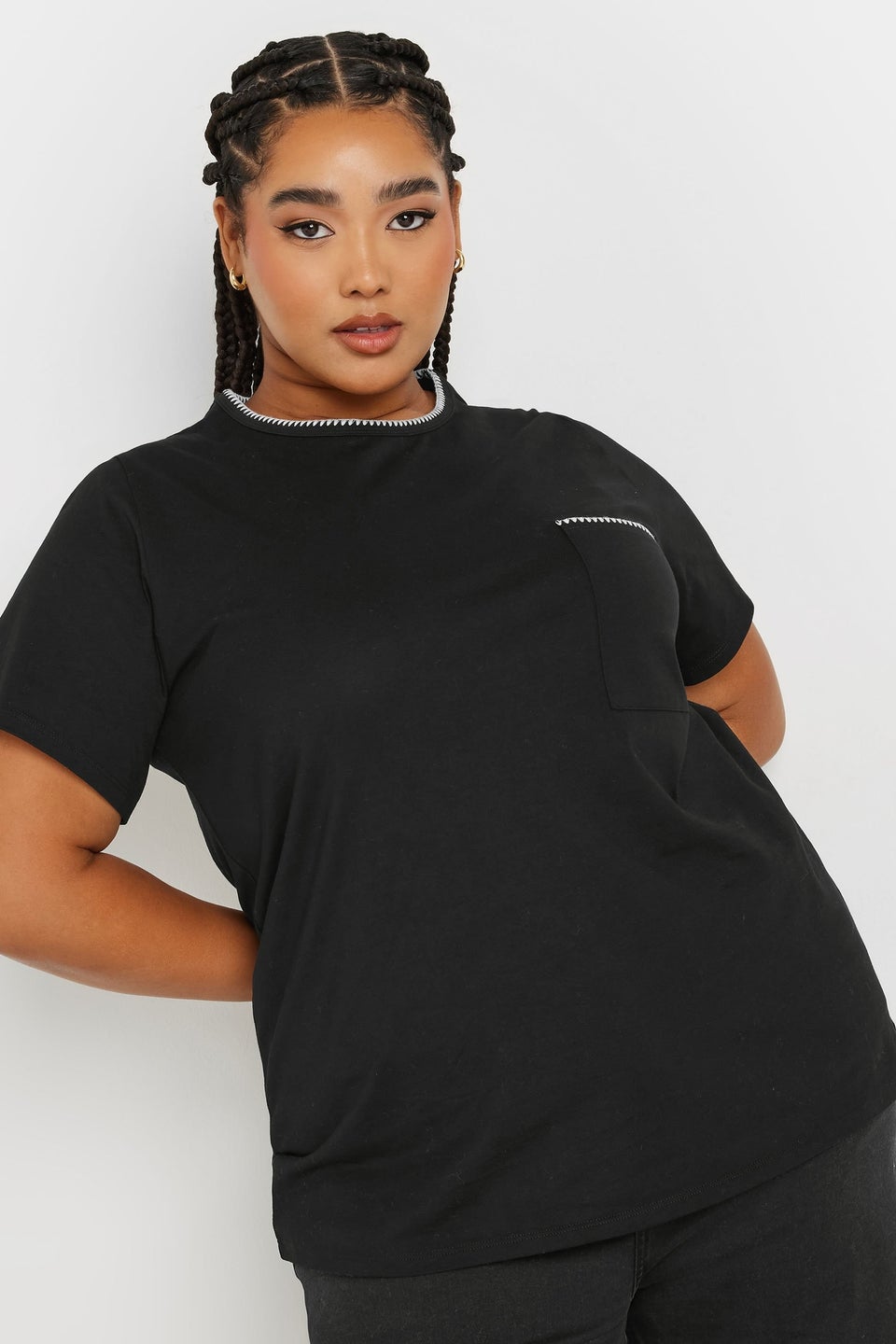 Yours Curve Black Contrast Stitch Pocket Heavyweight T Shirt