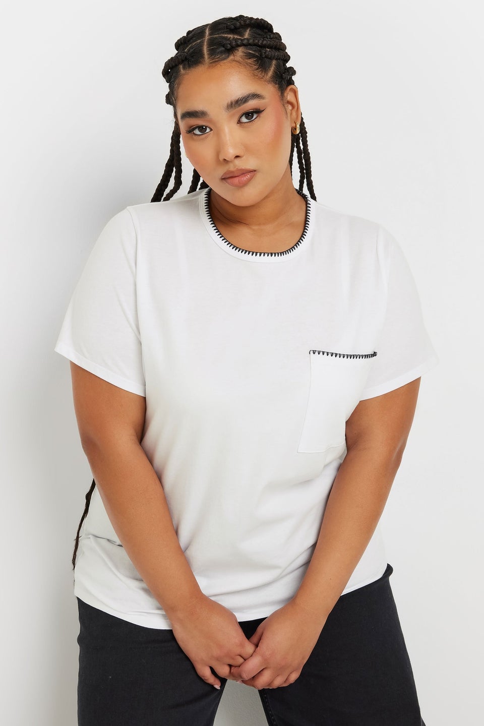 Yours Curve White Contrast Stitch Heavyweight Pocket T Shirt