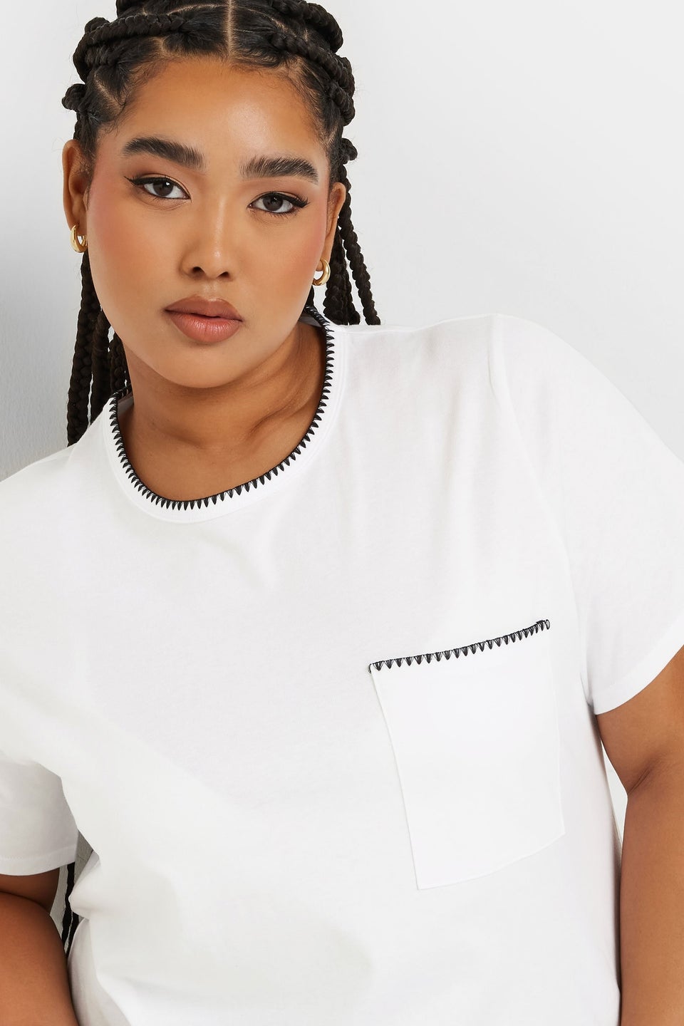 Yours Curve White Contrast Stitch Heavyweight Pocket T Shirt