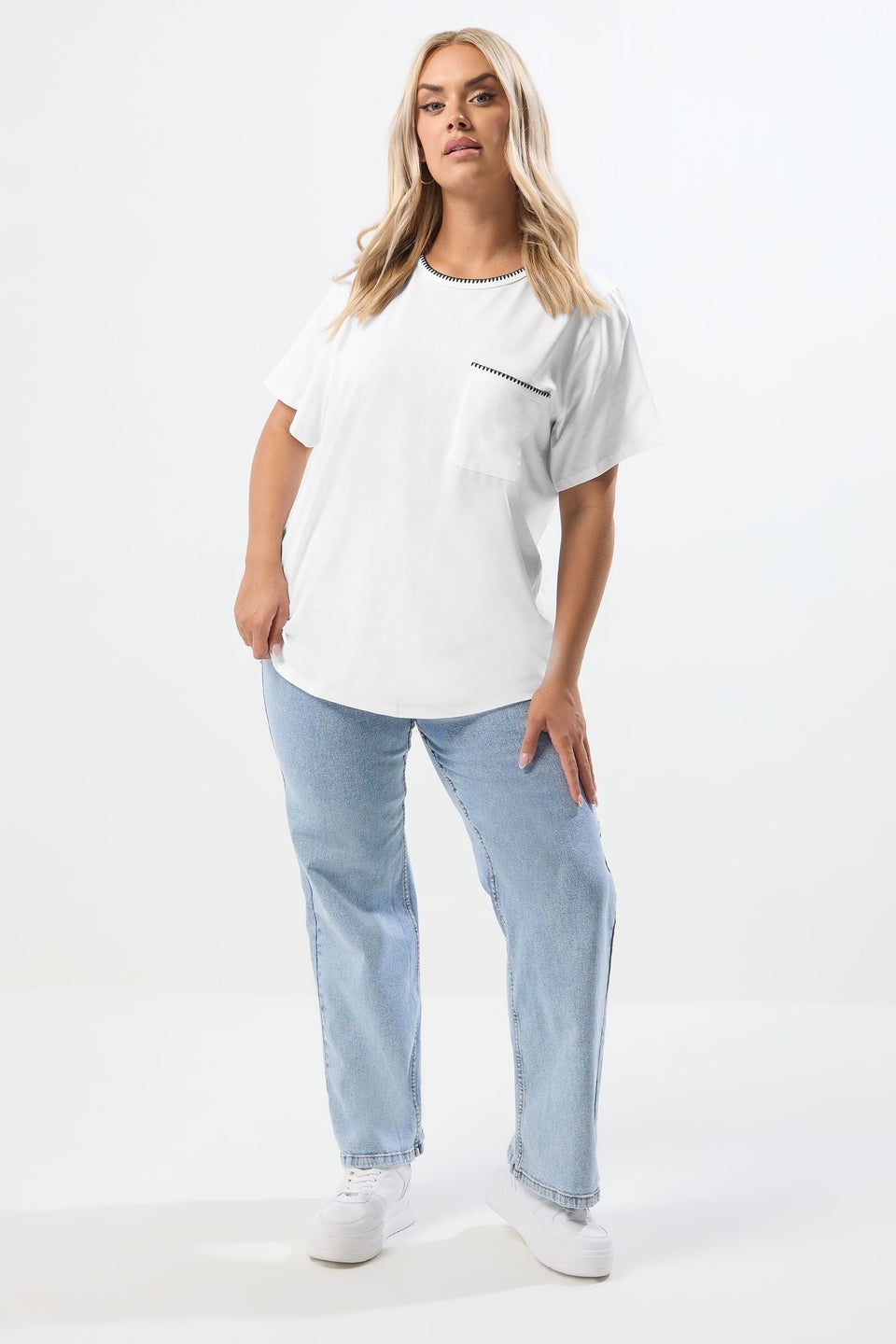 Yours Curve White Contrast Stitch Heavyweight Pocket T Shirt