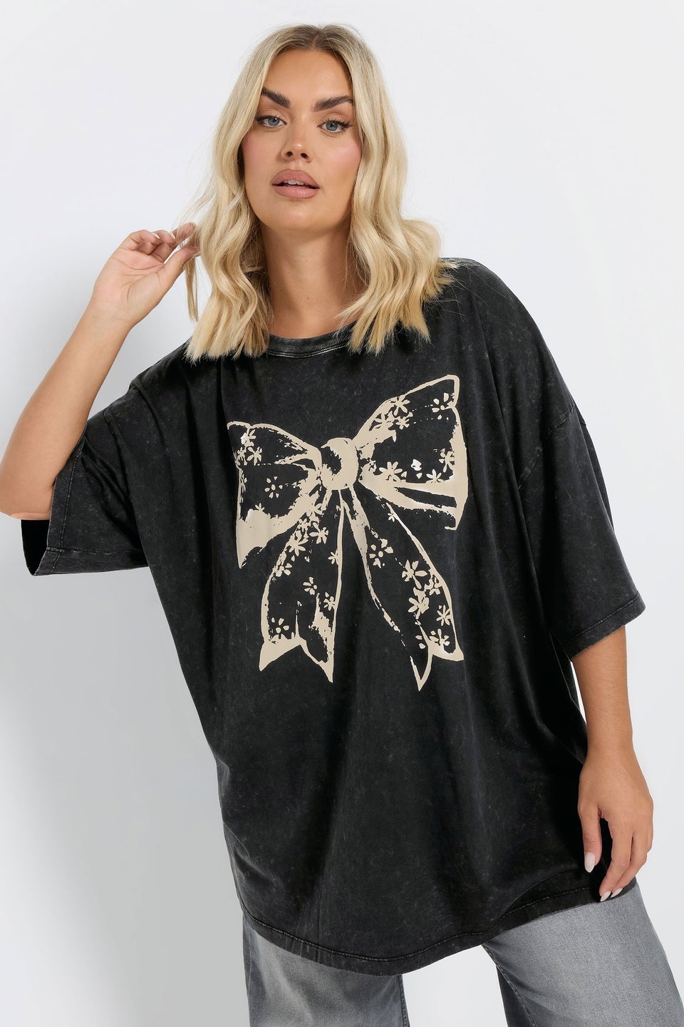 Yours Curve Black Acid Wash Boxy Bow Graphic Print T Shirt