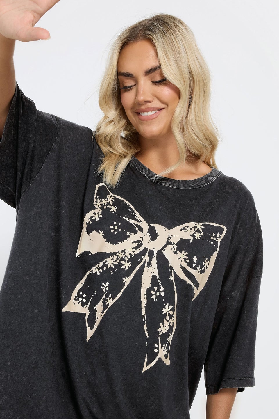 Yours Curve Black Acid Wash Boxy Bow Graphic Print T Shirt