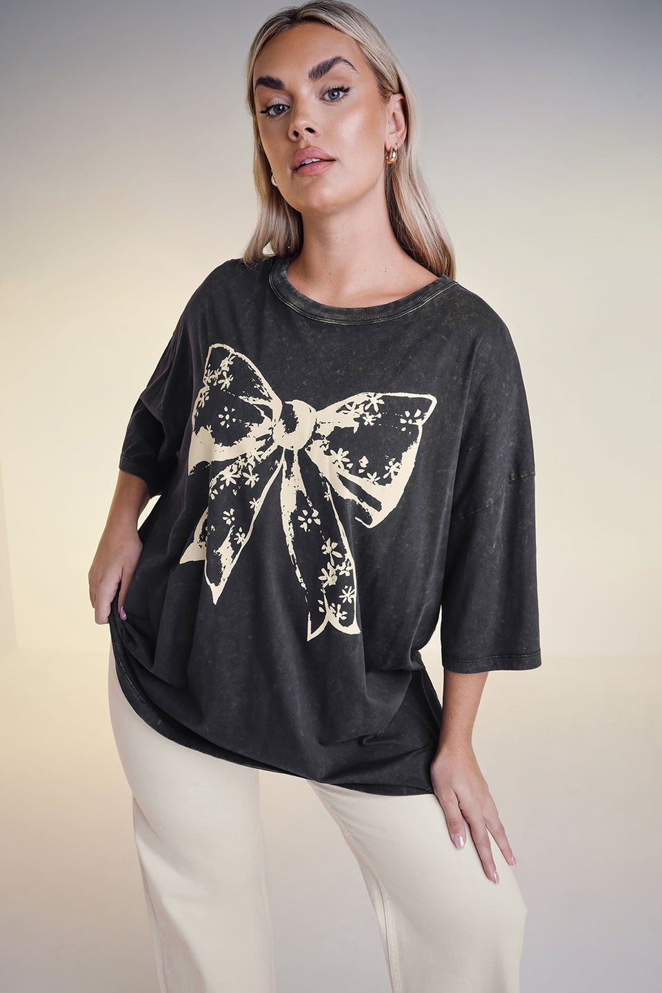 Yours Curve Black Acid Wash Boxy Bow Graphic Print T Shirt