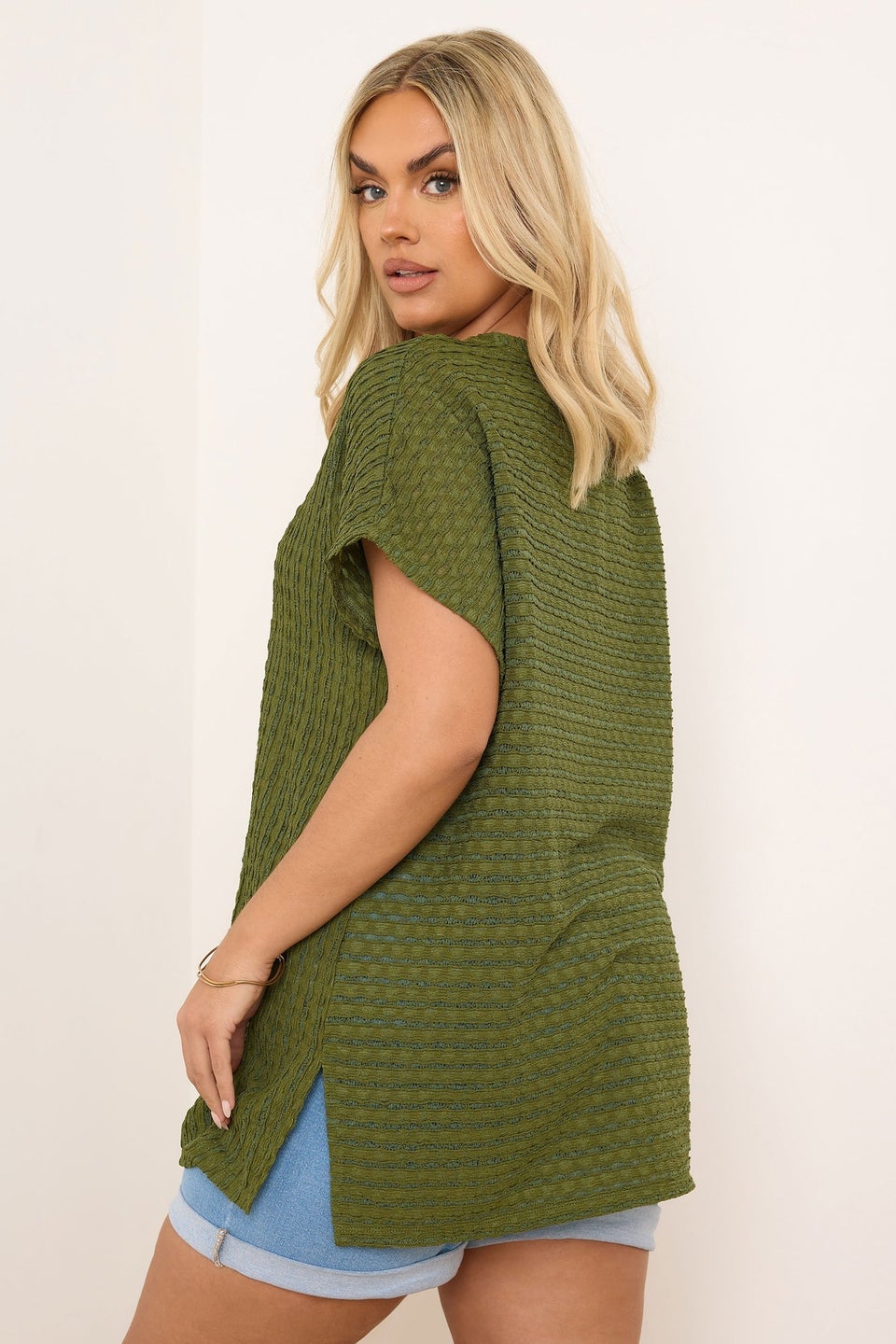 Yours Curve Green Textured Split Seam Top