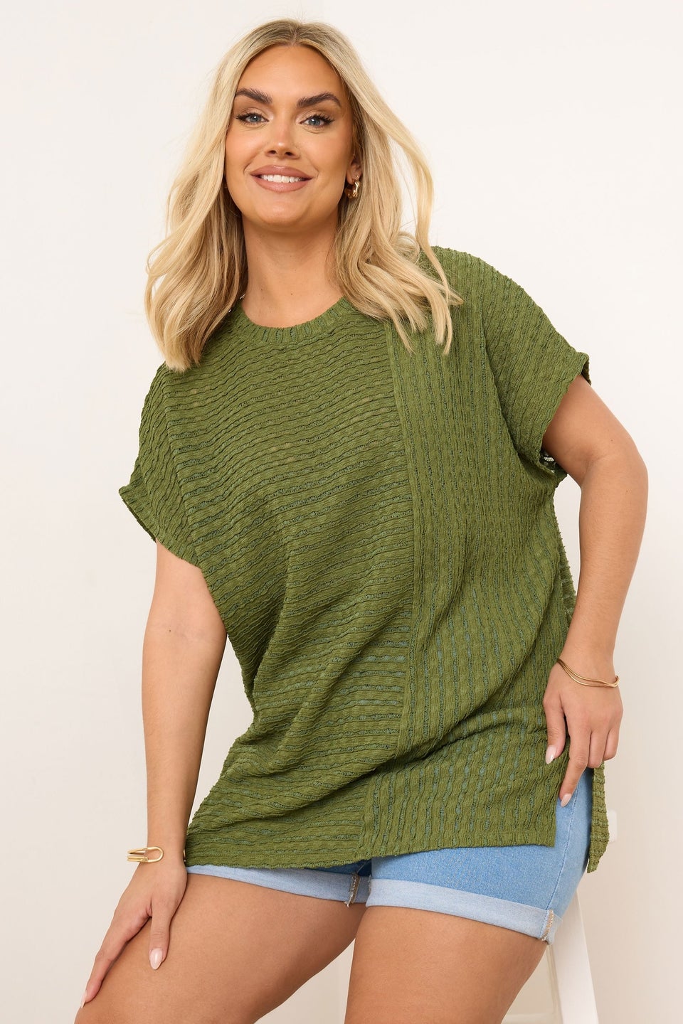 Yours Curve Green Textured Split Seam Top