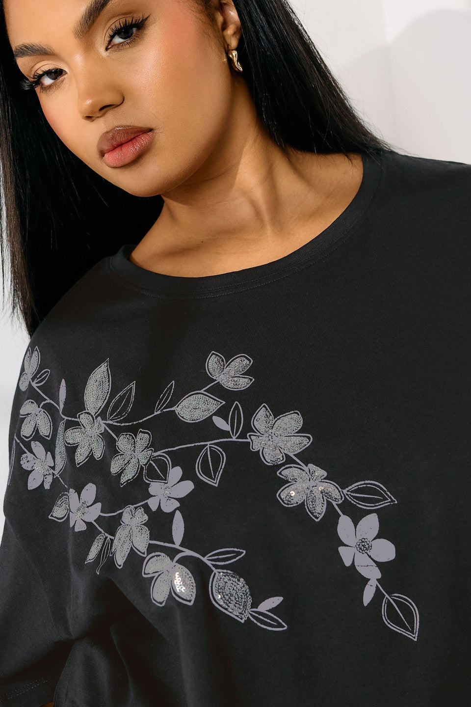 Yours Curve Black Floral Oversized Sequin Top