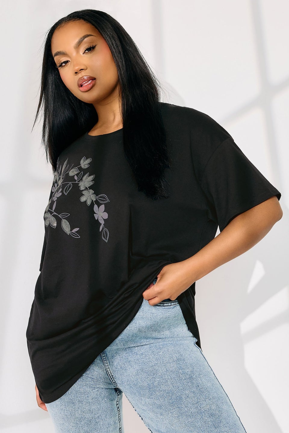 Yours Curve Black Floral Oversized Sequin Top