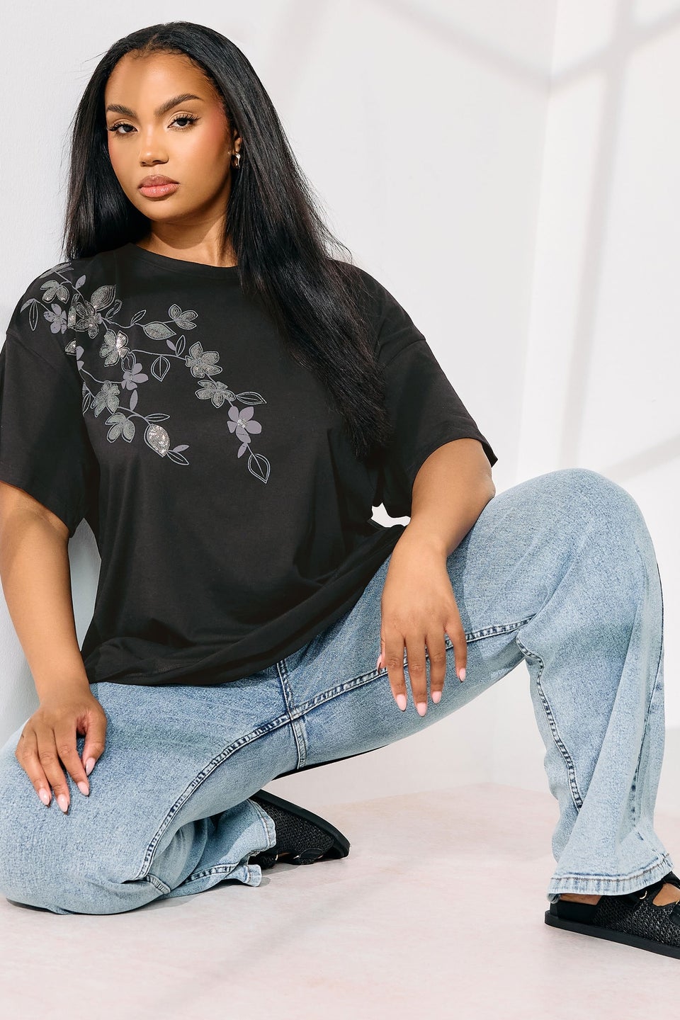 Yours Curve Black Floral Oversized Sequin Top