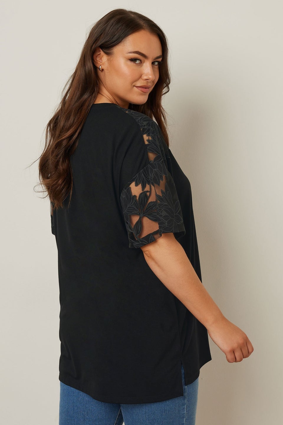 Yours Curve Black Floral Burnout Boxy T Shirt