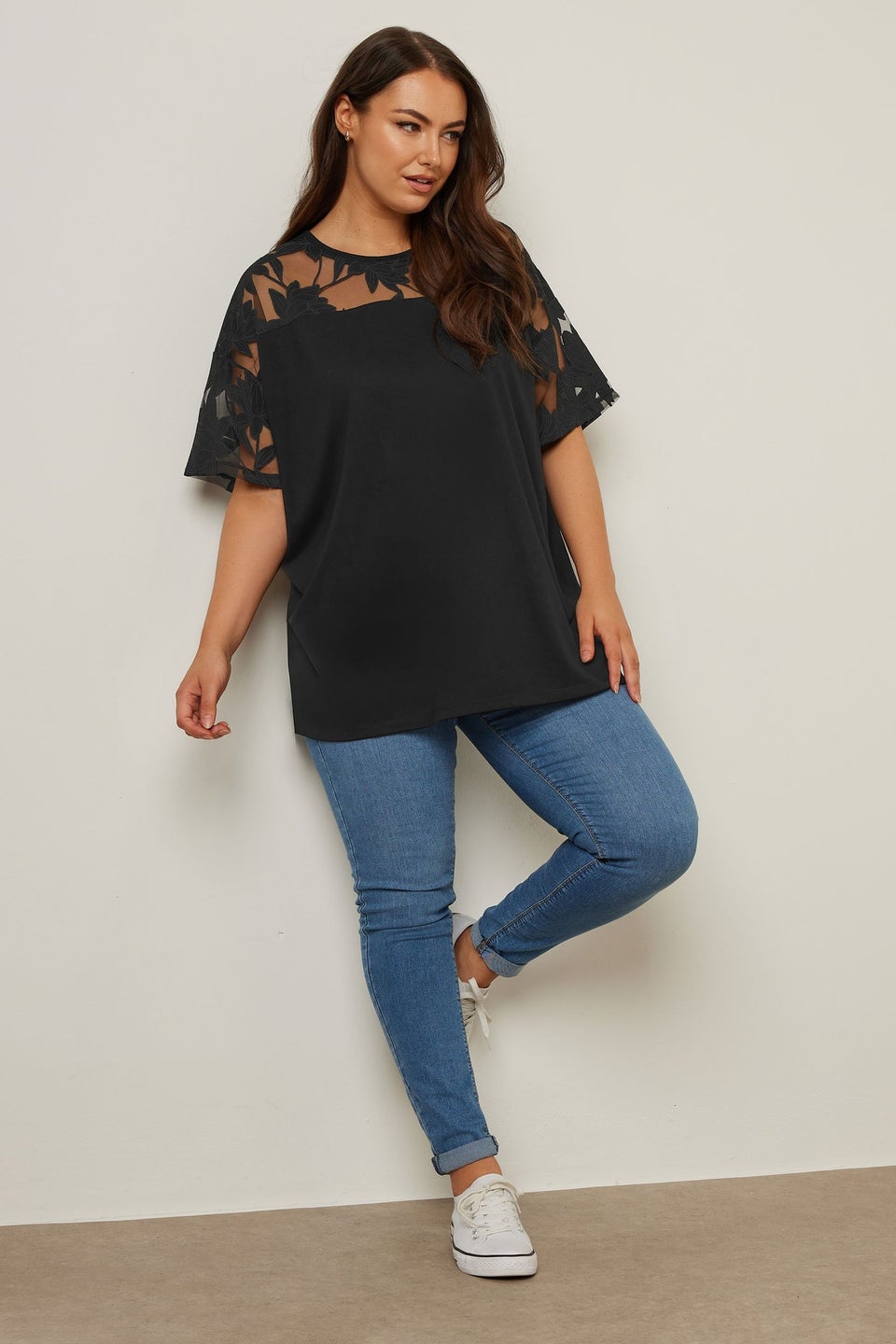 Yours Curve Black Floral Burnout Boxy T Shirt