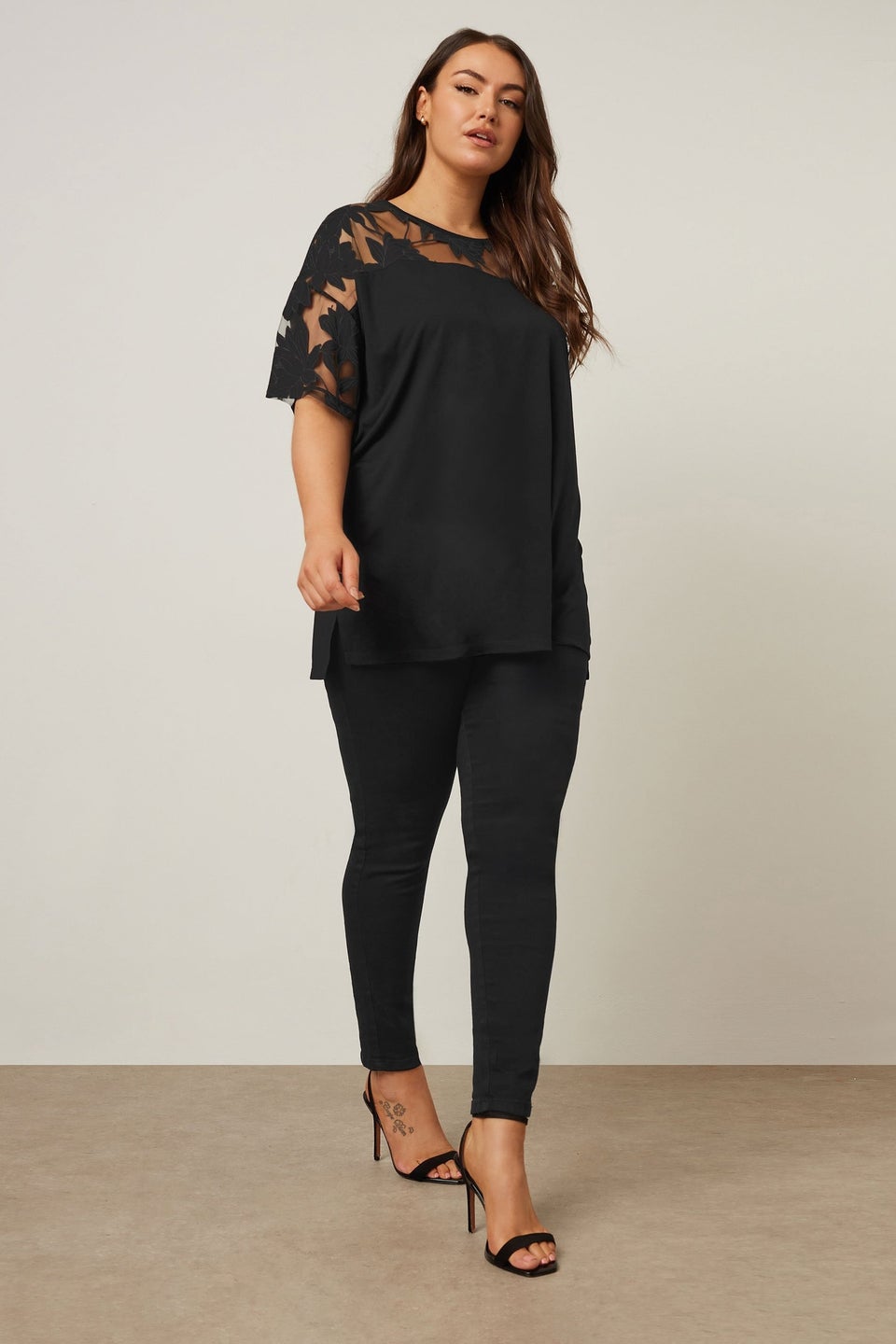 Yours Curve Black Floral Burnout Boxy T Shirt