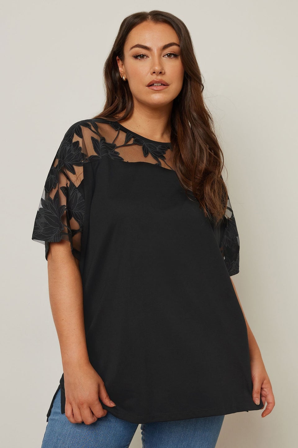 Yours Curve Black Floral Burnout Boxy T Shirt