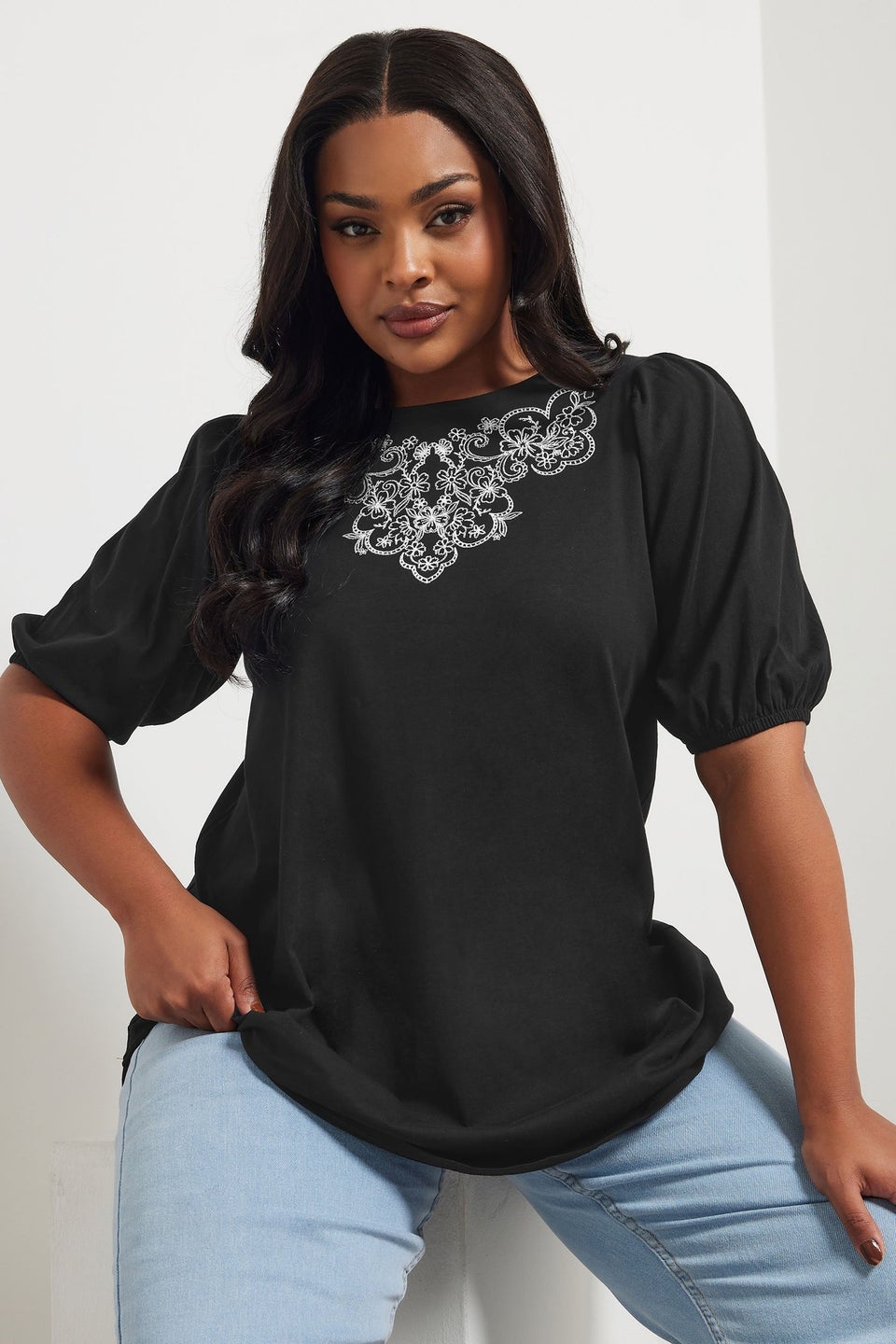 Yours Curve Black Floral Embroidered Top