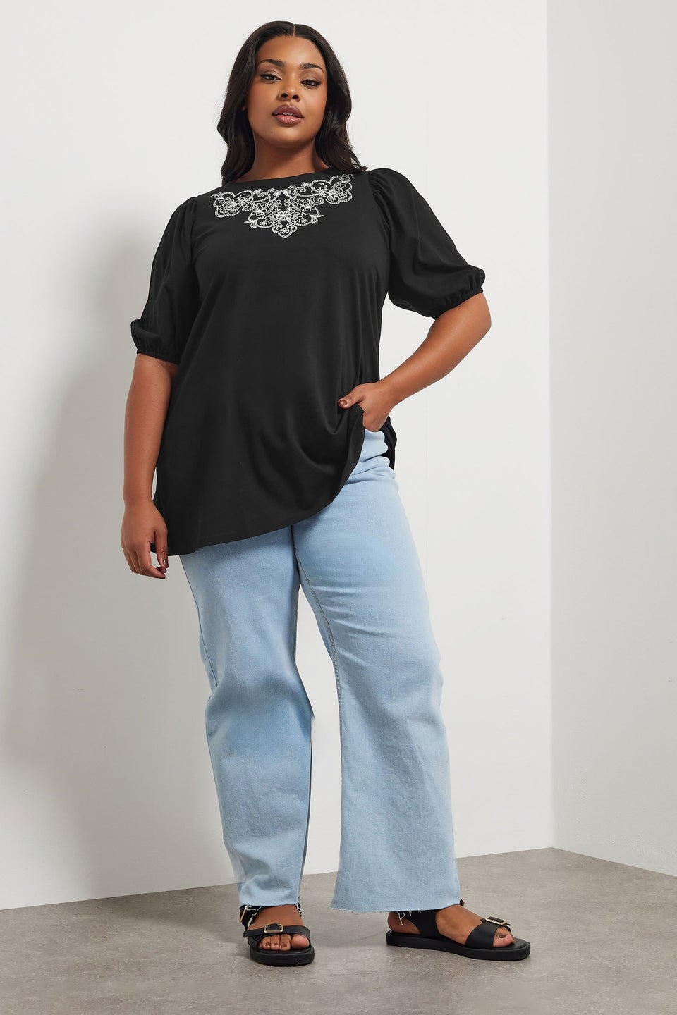 Yours Curve Black Floral Embroidered Top