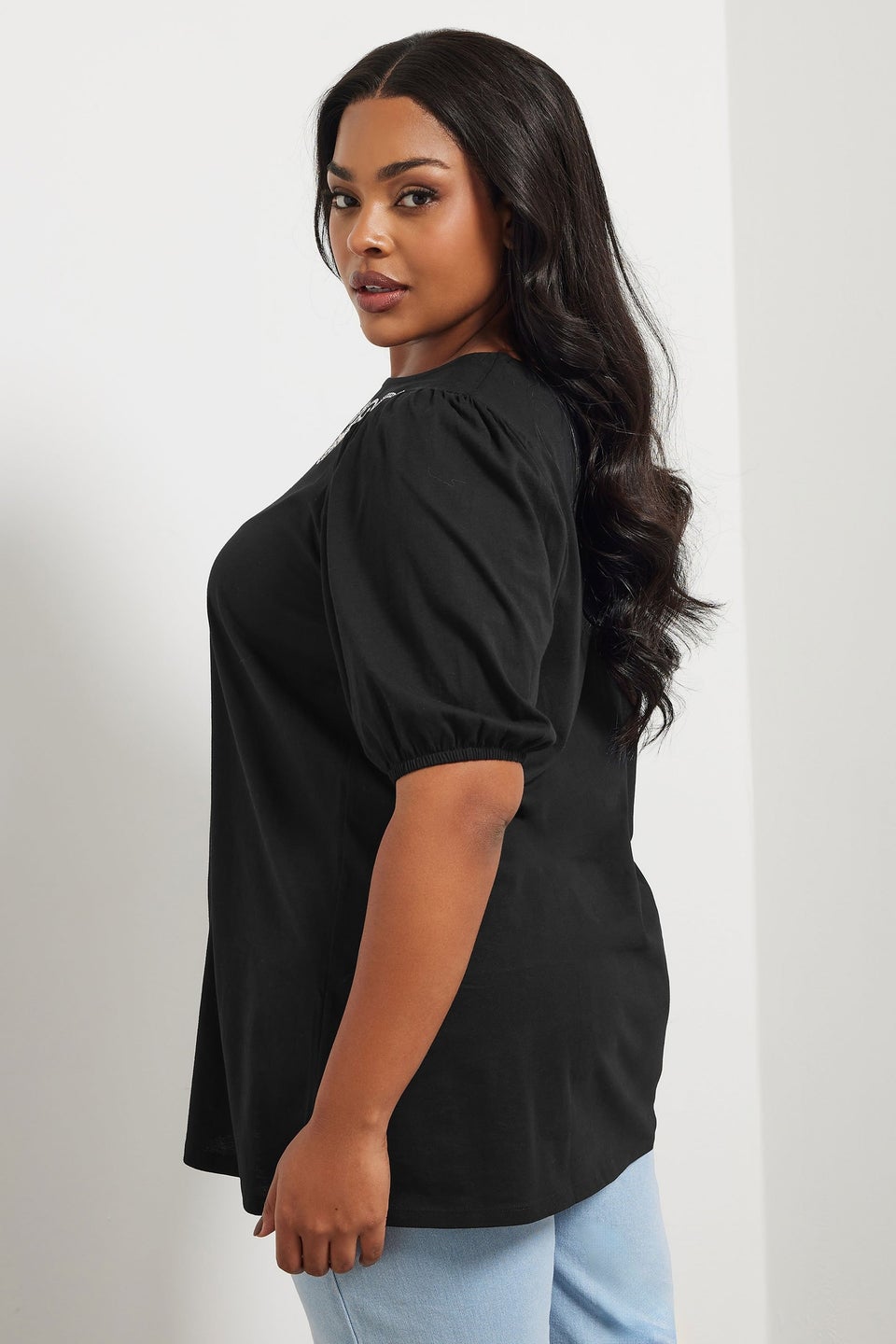 Yours Curve Black Floral Embroidered Top