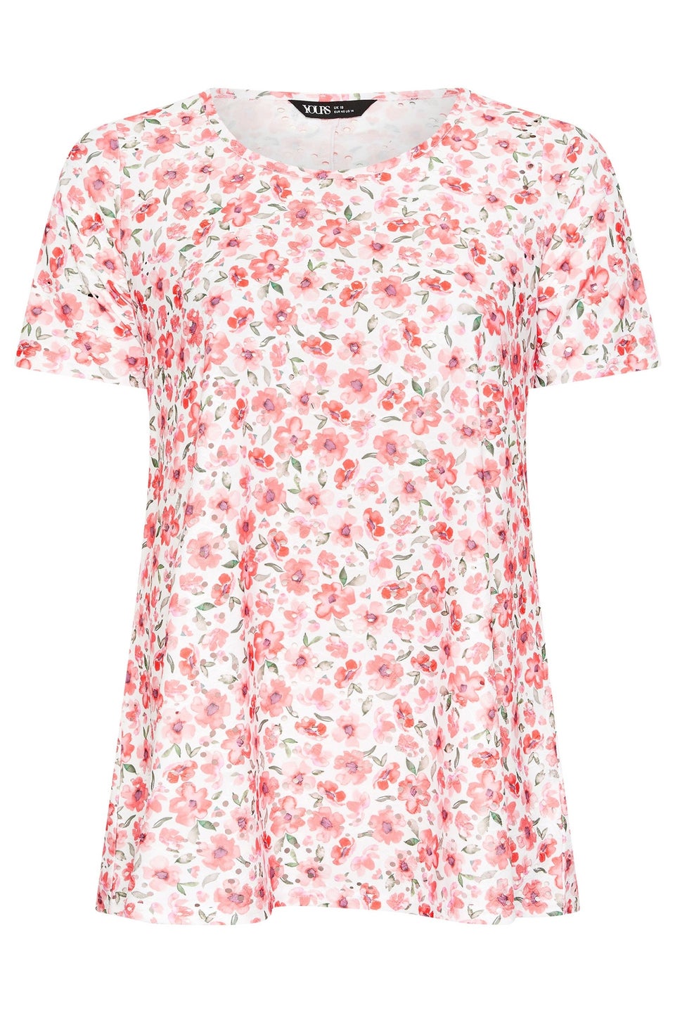 Yours Curve Pink Floral Print Broderie Anglaise T Shirt