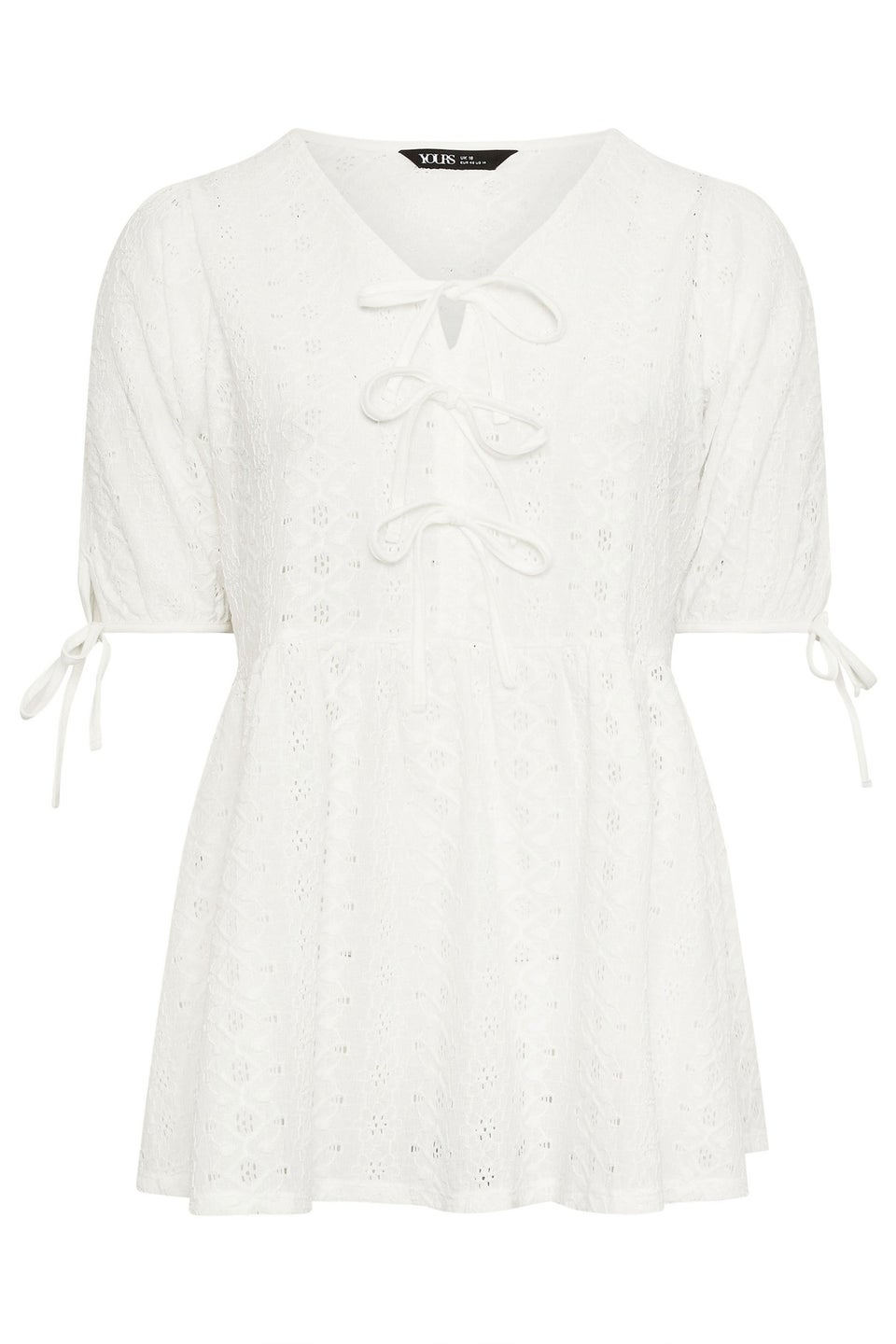 Yours Curve White Broderie Anglaise Bow Tie Front Peplum Top