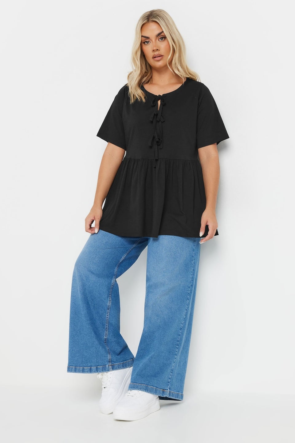 Yours Curve Black Bow Tie Front Peplum Top