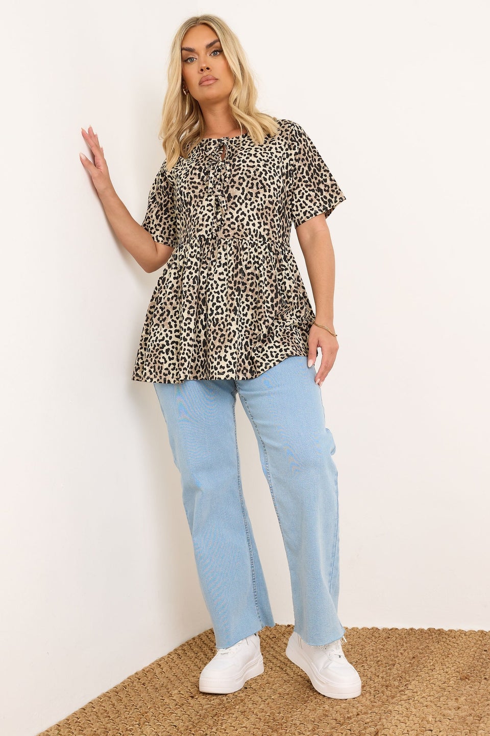 Yours Curve Brown Leopard Print Bow Tie Front Peplum Top