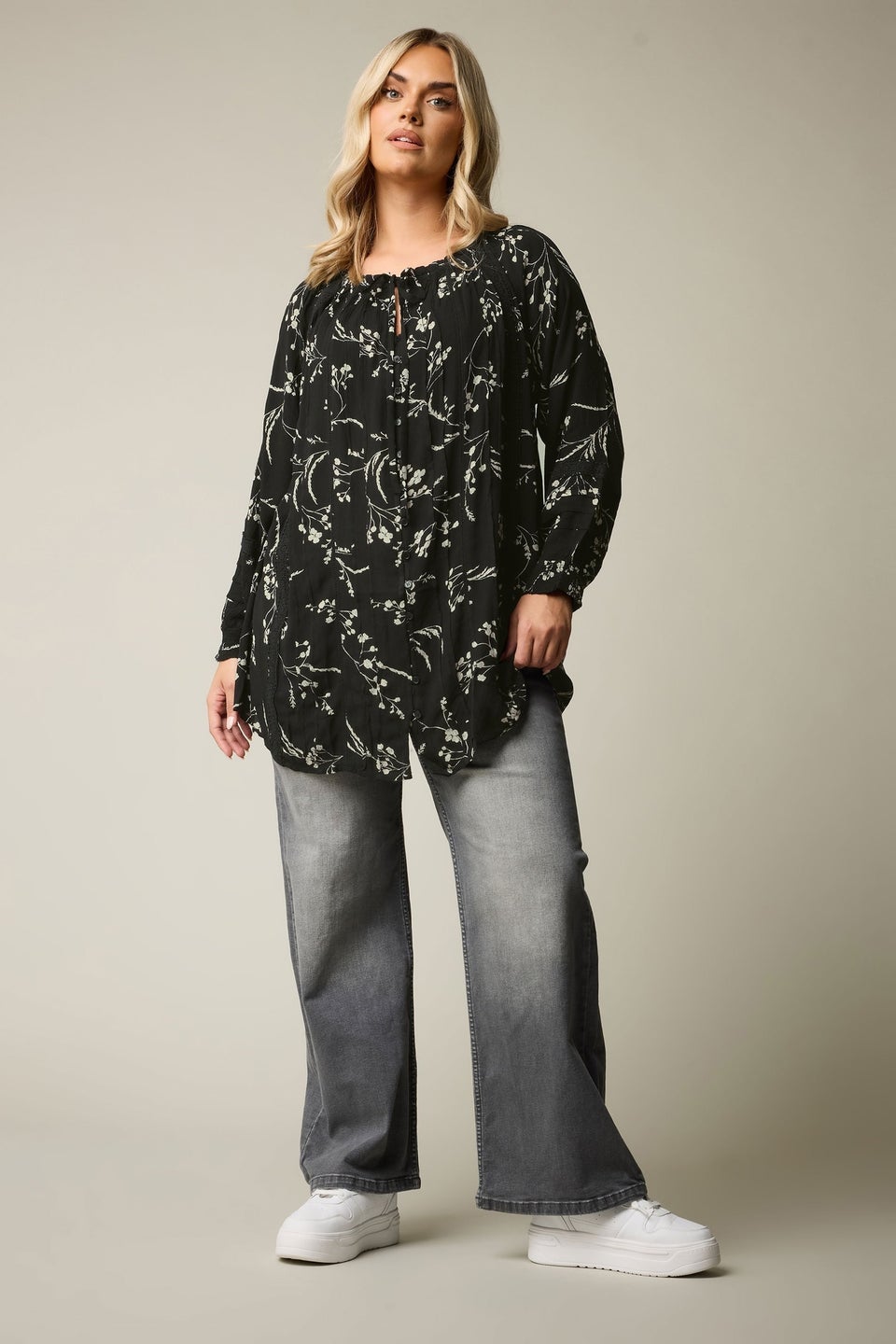 Yours Curve Black Floral Tie Neck Pintuck Top