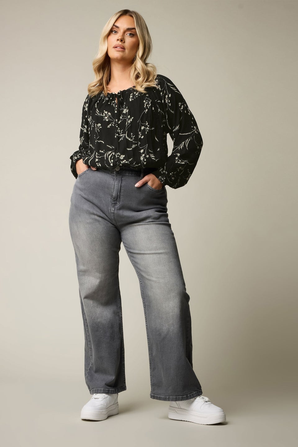 Yours Curve Black Floral Tie Neck Pintuck Top