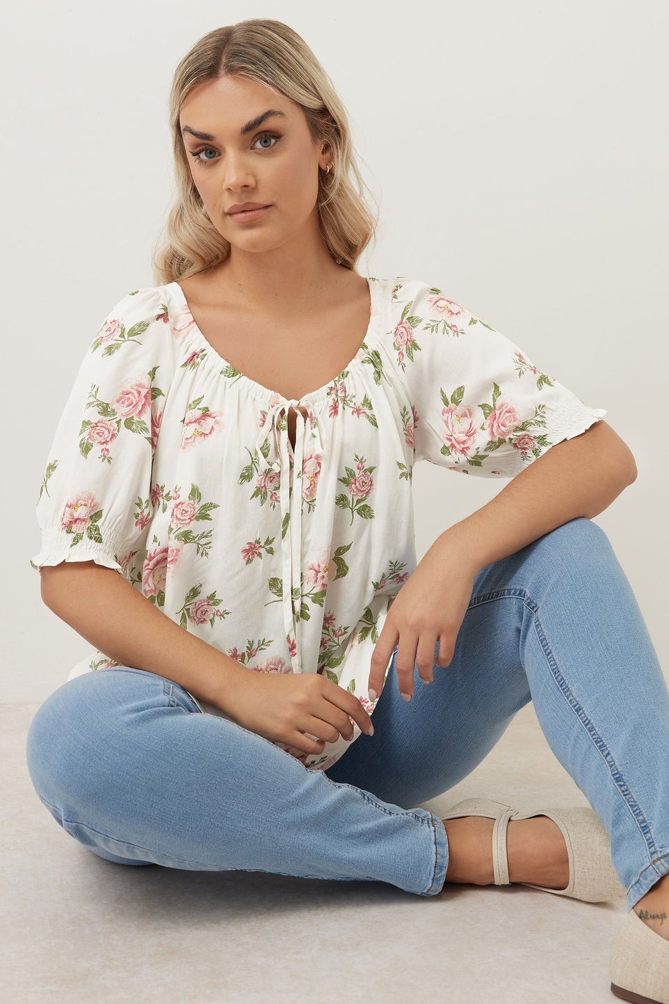 Yours Curve White & Pink Floral Tie Neck Blouse