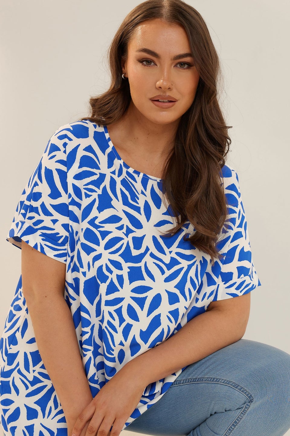 Yours Curve Blue Abstract Floral Print Boxy Short Sleeve Blouse