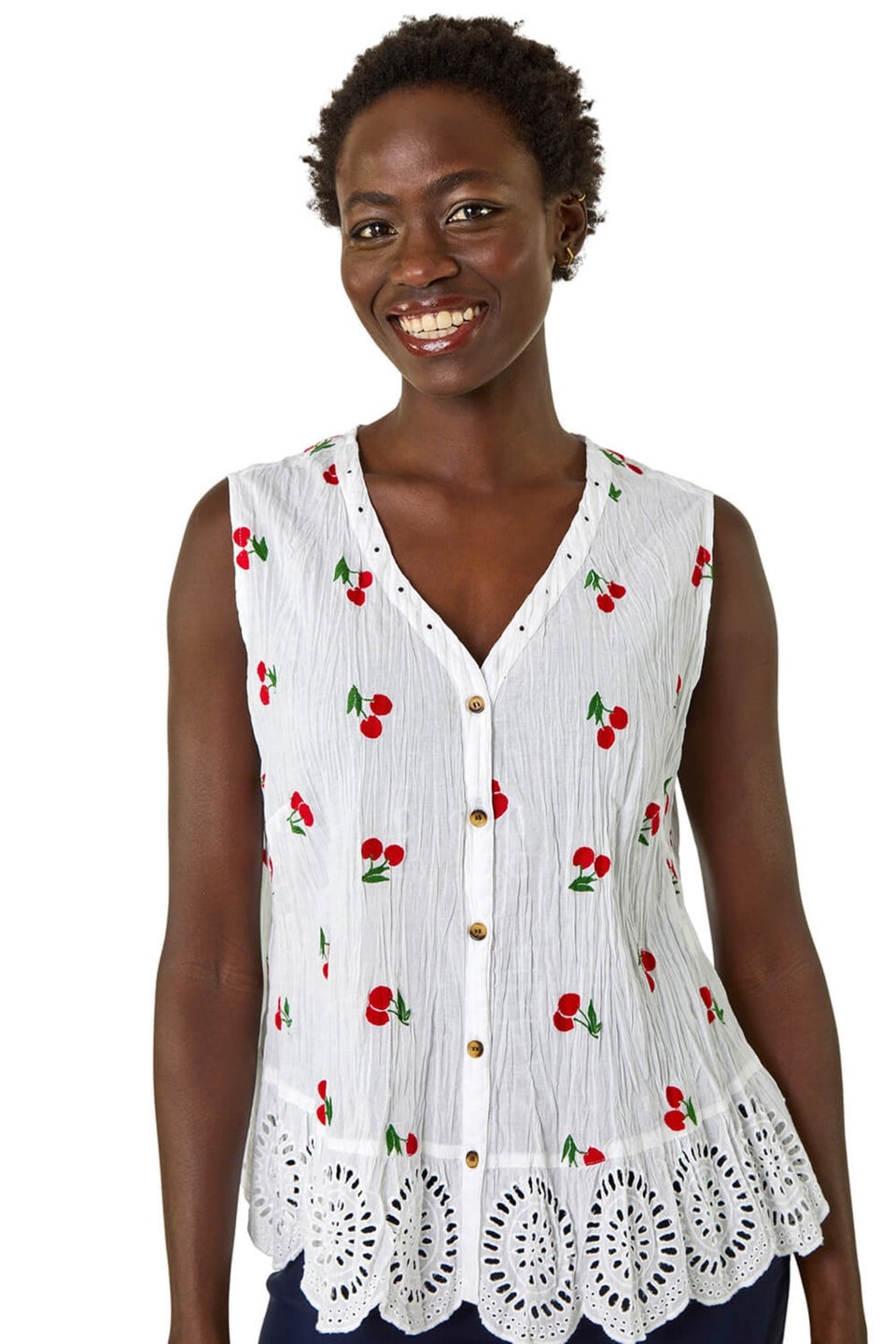 Roman Red Cherry Print Crinkle Button Blouse