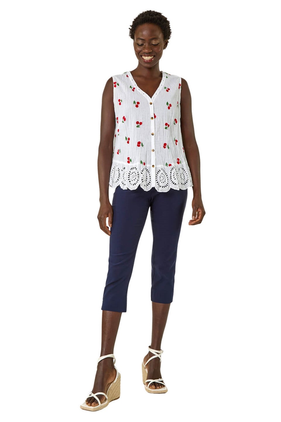 Roman Red Cherry Print Crinkle Button Blouse