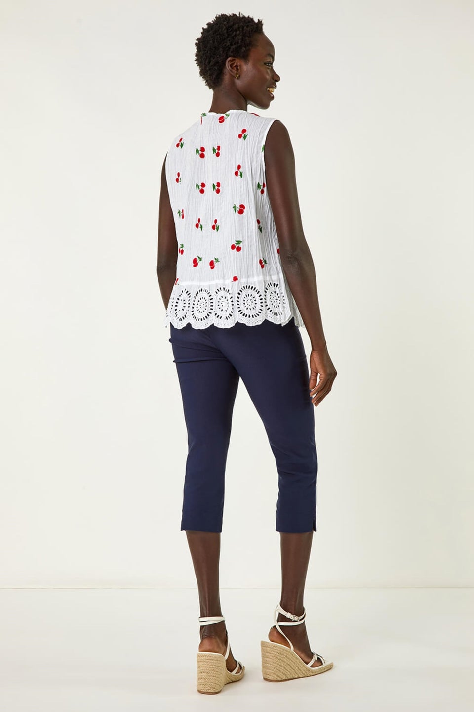 Roman Red Cherry Print Crinkle Button Blouse