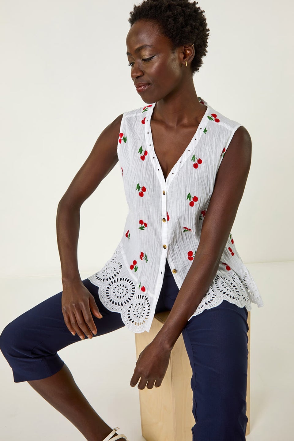 Roman Red Cherry Print Crinkle Button Blouse