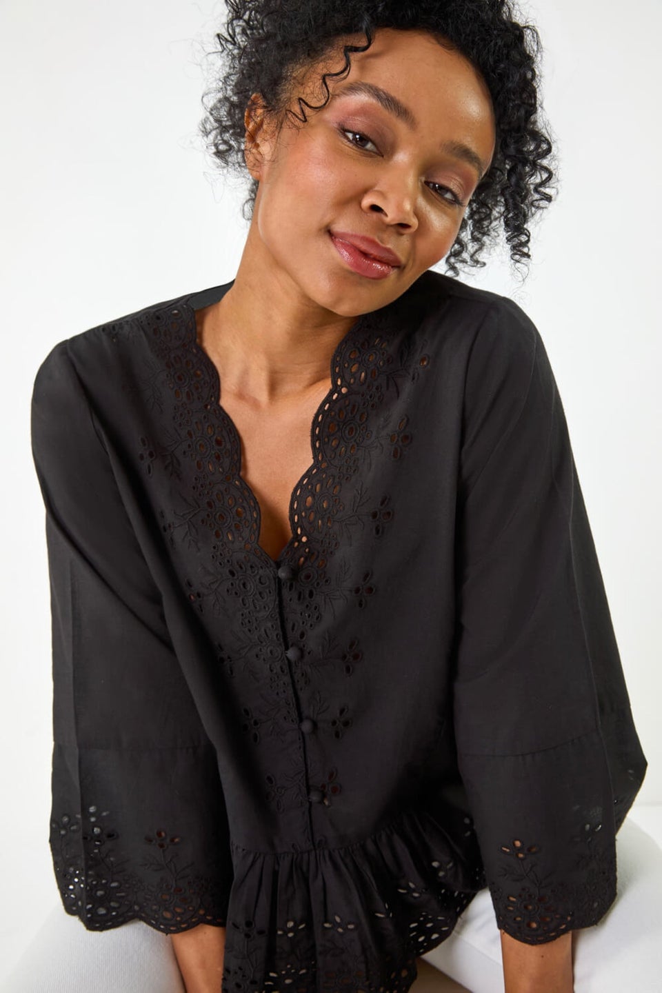 Roman Black Petite Broderie Scallop Blouse