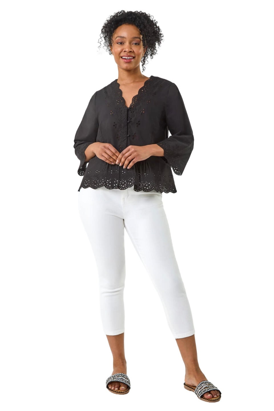 Roman Black Petite Broderie Scallop Blouse