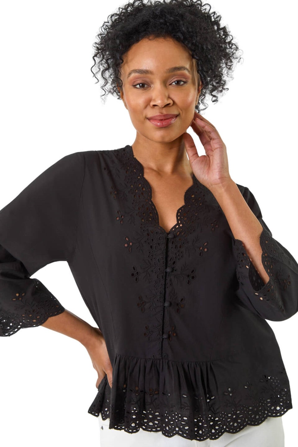 Roman Black Petite Broderie Scallop Blouse