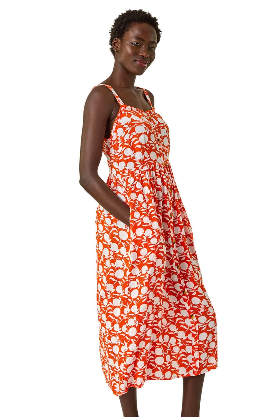 Roman Orange Fruit Print Midi Sundress