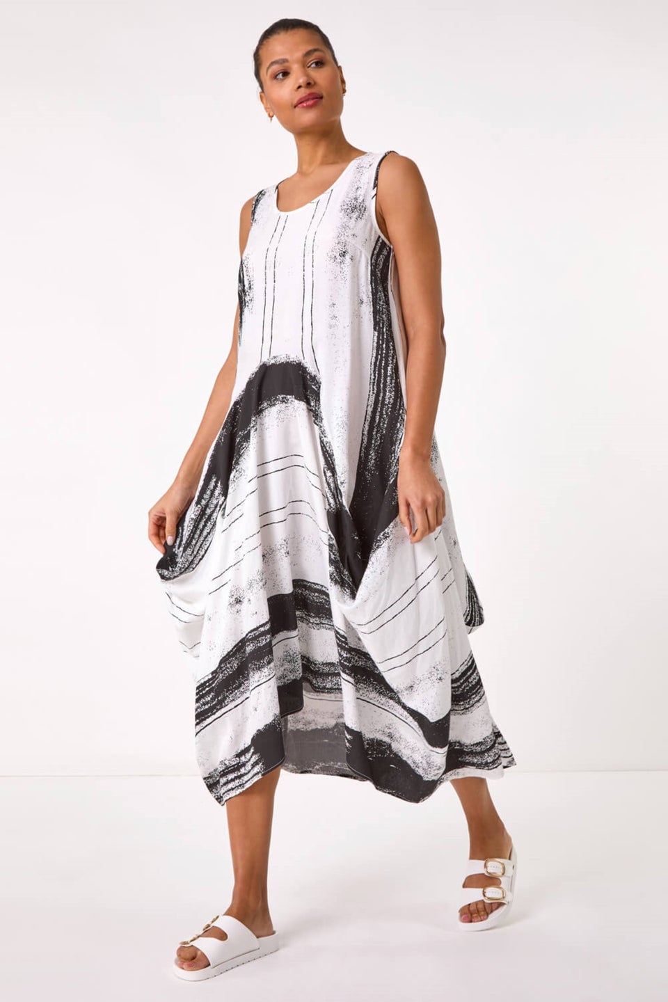 Roman White Abstract Print Bubble Midi Dress