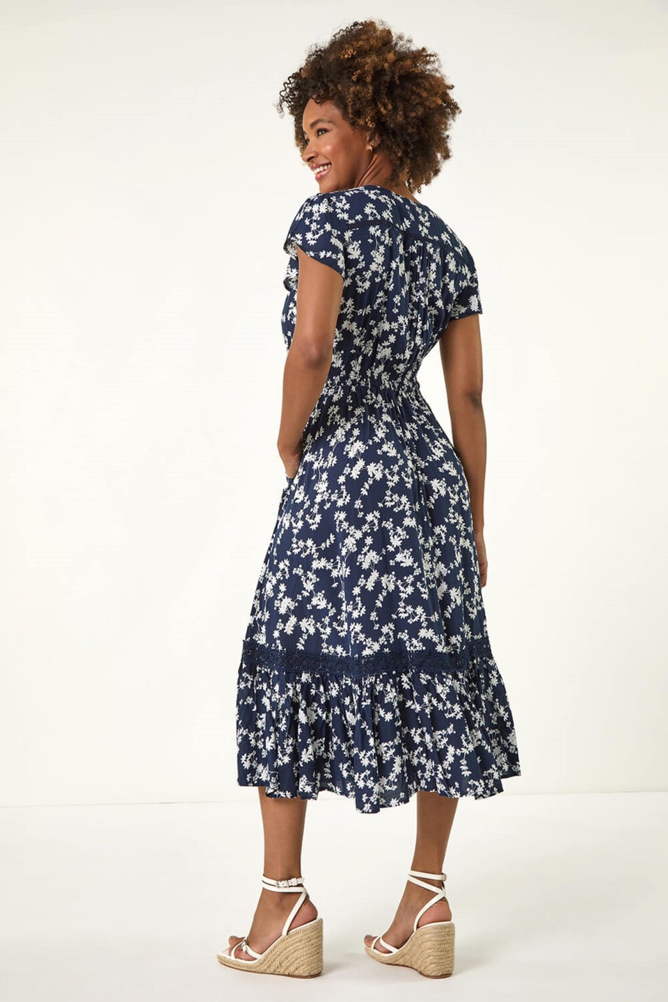 Roman Navy Floral Button Down Frill Midi Dress