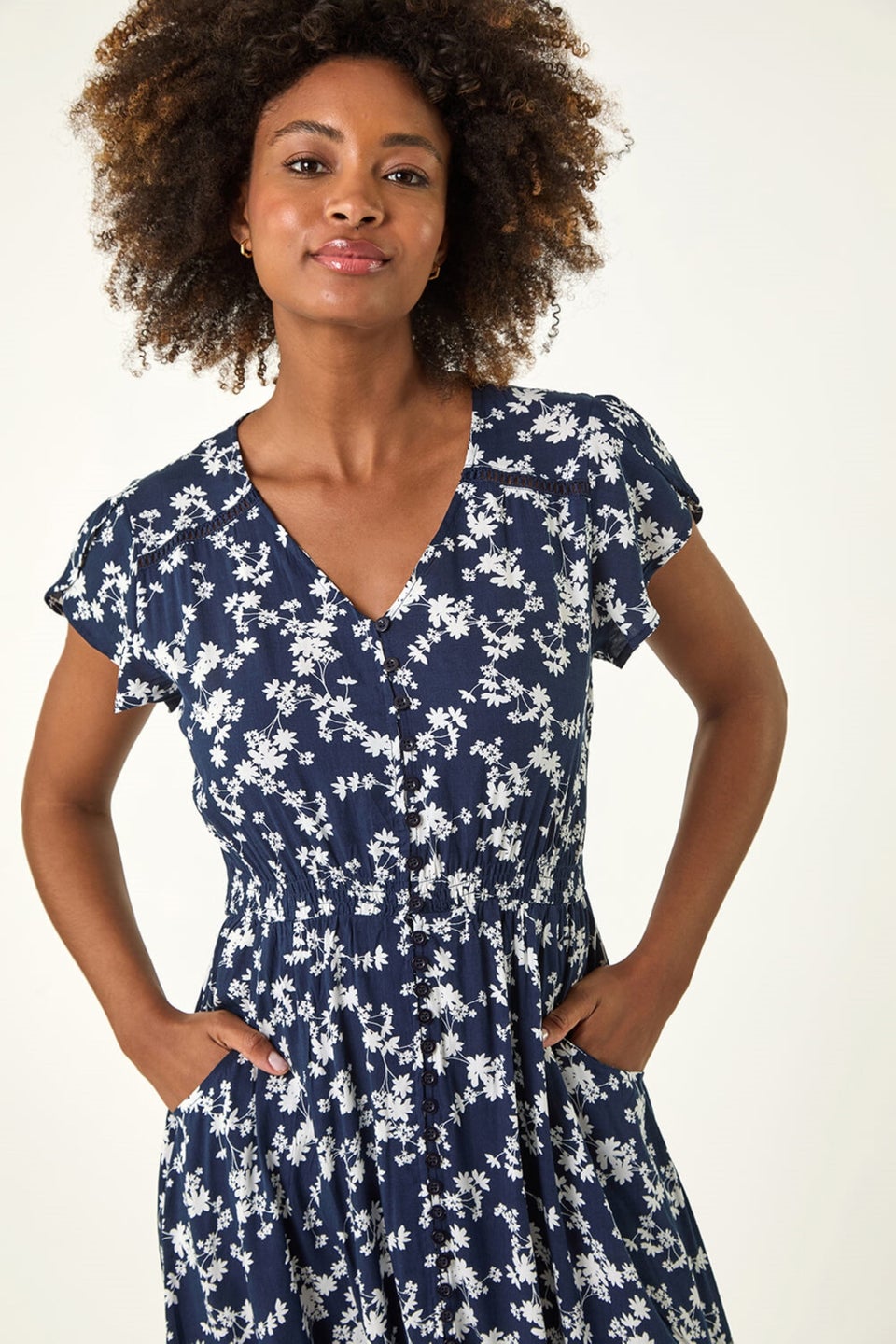 Roman Navy Floral Button Down Frill Midi Dress