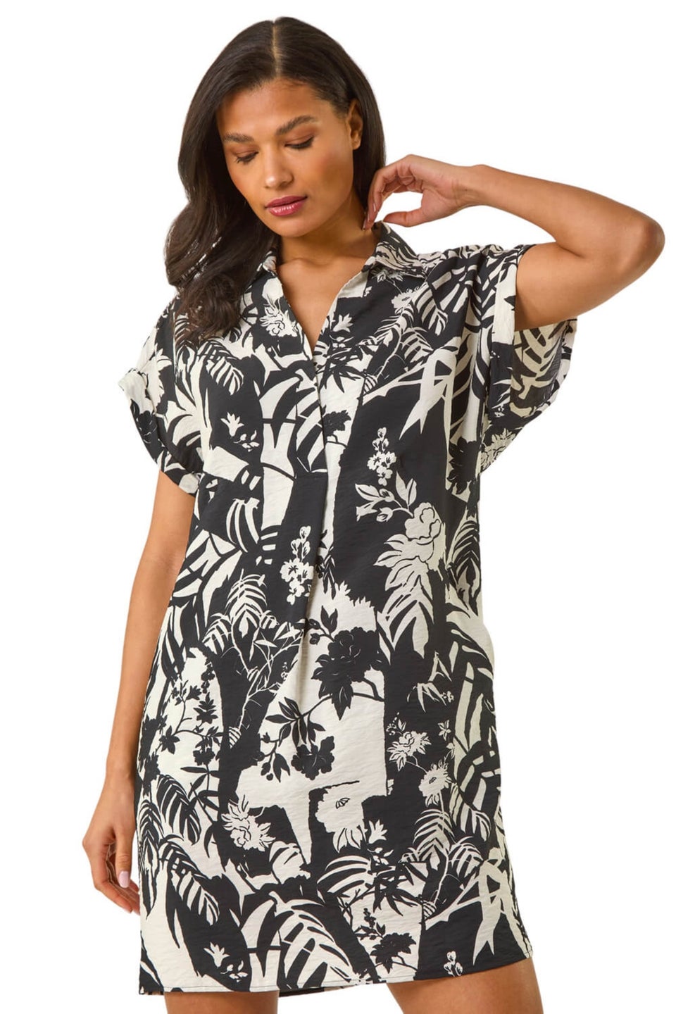 Roman Black Palm Print Cocoon Dress