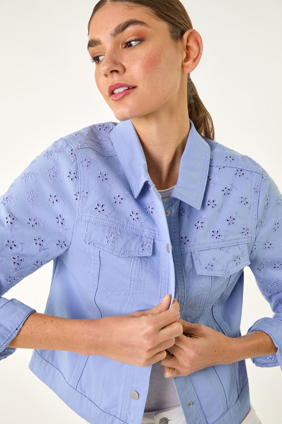 Roman Denim Cotton Blend Broderie Sleeve Jacket