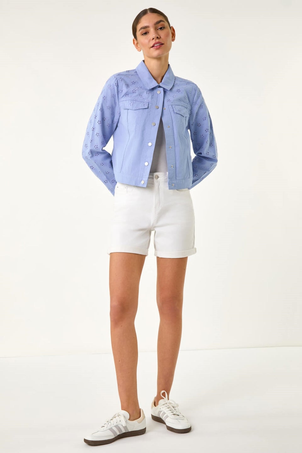 Roman Denim Cotton Blend Broderie Sleeve Jacket