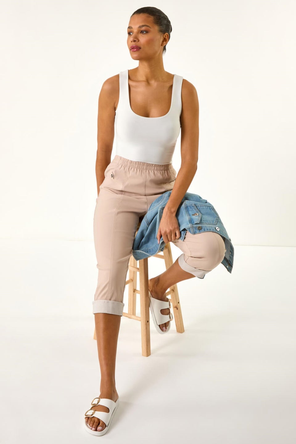 Roman Stone Contrast Detail Cropped Stretch Trouser